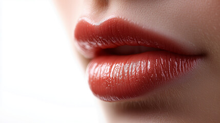 Close-up of glossy red lips with natural makeup. ..