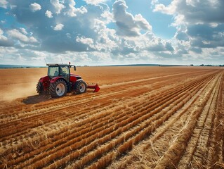 Fototapeta premium Tractor plowing a golden wheat field under a bright blue sky during late afternoon