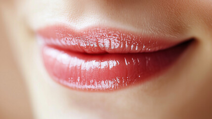 Fototapeta premium Close-up of woman's soft, pink lips with gloss. ..