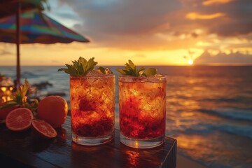 vibrant cocktails on rustic beach bar tropical fruits fresh herbs colorful umbrellas golden sunset light ocean view
