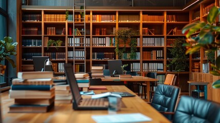 A business office with a professional library, stocked with industry-related books and resources.