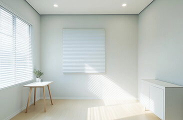 Fototapeta premium a living room with a white window and a white shelf with a plant on it