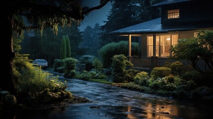 Obraz premium A rainy night with a house and a driveway.