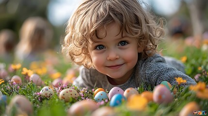 Child smiling among colorful Easter eggs in a garden filled with flowers during springtime