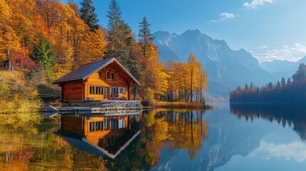 Obraz premium A peaceful wooden cabin surrounded by vibrant autumn foliage, reflected in a serene lake with majestic mountains in the background.