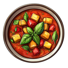A bowl of tomato soup with basil and tofu.  The soup is red and the tofu is white.  The basil is green.  It looks delicious.