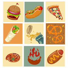 Vector flat beer festival poster. Wooden mug with beer, hops, wheat and street food. Trendy art for pub, bar, holiday party advertising