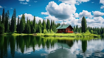 Fototapeta premium A red cabin with a green roof sits on the edge of a still lake in a forest of tall pine trees.