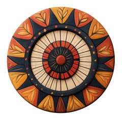 Fototapeta premium A colorful circular design with a central circle surrounded by concentric rings and stylized leaves.