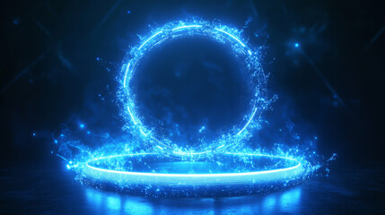 Blue light portal effect with a magical neon glow. Tech hologram teleportation. Energy ring for gaming. 3D power vortex pedestal. Abstract luminous futuristic product stage with swirling lines and cir