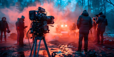 Fototapeta premium Film Camera and Lighting Effects on a Movie Set, Capturing the Essence of Cinematic Production