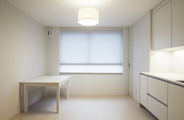 Fototapeta premium a room with a desk a desk and a window with blinds that say quot no one quot