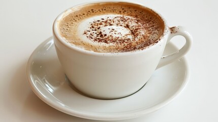 A cappuccino with foam in a simple white cup and saucer.