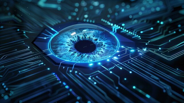 A 3D rendering of a futuristic eye scanner.