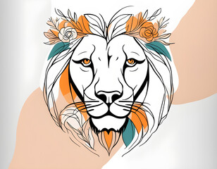 colorful Abstract lion face with flowers by one line vector drawing. Portrait minimalistic style background