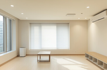Fototapeta premium a room with a bench and a window with the blinds open