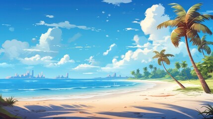 A serene, idyllic beach scene with palm trees swaying in the breeze and a cityscape on the horizon. The sky is a vibrant blue with fluffy white clouds and the sea is a tranquil blue with white waves.