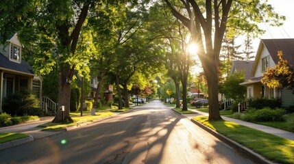 Fototapeta premium A city road in a residential neighborhood, lined with trees and family homes, showcasing the quieter side of urban living.
