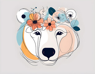 colorful Abstract Polar Bear face with flowers by one line vector drawing. Portrait minimalistic style background