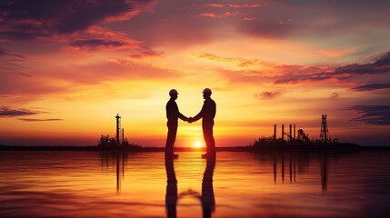 Fototapeta premium Silhouette of oil workers shaking hands in the vast oil field at sunset, emphasizing trust and collaboration in challenging conditions.