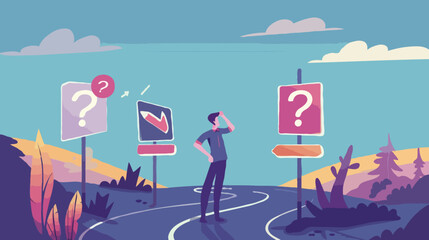 flat design BigBusiness decision making, career path, choose the right way to success concept, confusing businessman looking at multiple road sign with question 
