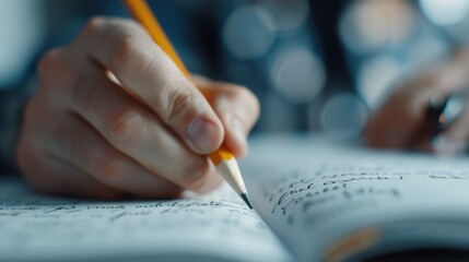 A close-up of a hand holding a pencil and writing in a notebook, capturing a moment of studying, note-taking, or brainstorming. The background is softly blurred.