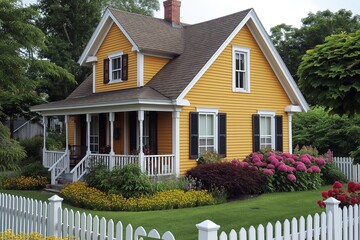 A vibrant yellow house features a lush garden with colorful flowers and a classic white picket fence.