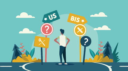 flat design BigBusiness decision making, career path, choose the right way to success concept, confusing businessman looking at multiple road sign with question 
