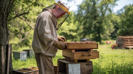 Beekeeper in protective suit works with bees and hives in apiary. Honey and bee. Bees on honeycombs. Cell with honey and bees. Beekeeping. Apiary. Wooden hive and bees.