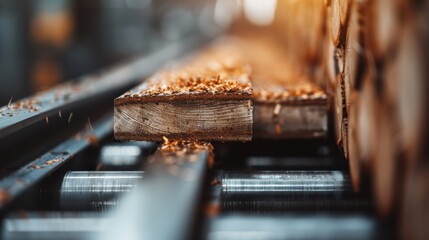 A detailed close-up image capturing the grain and texture of a processed wood plank in a sawmill, with sawdust covering the surface and machinery in the background.