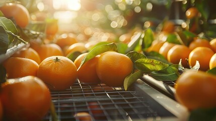 Oranges with leaves being conveyed along a conveyor belt in a factory environment