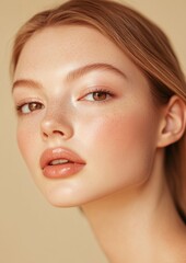 Fototapeta premium A woman with light brown hair and a tan complexion is wearing makeup