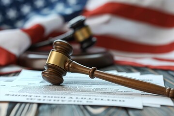 VA claims documents and a gavel positioned on a wooden table with an American flag backdrop.