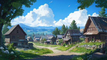 anime village landscape with old houses 