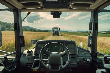 A tractor cabin offers a clear view of a field and another tractor in operation under a bright noon sky.