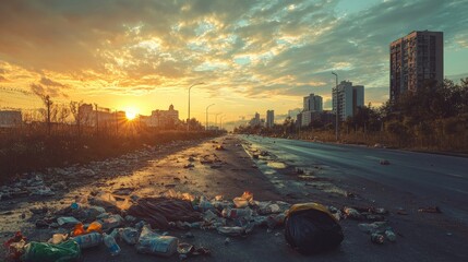 Urban scene with garbage on the road at sunset, capturing the contrast between natural beauty and human-caused pollution.