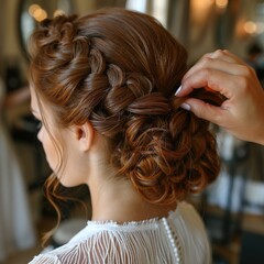 Obraz premium Intricate Wedding Updo: Stylist Weaves Elegant Braids for Bride's Brown, Wavy Hair