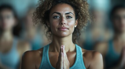 A person in a yoga class is captured with their hands in the prayer position, focusing on mindfulness and inner peace amidst a group setting, encompassed by serene lighting.