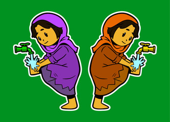 Doodle Sticker Illustration of Muslim Girl doing Ablution