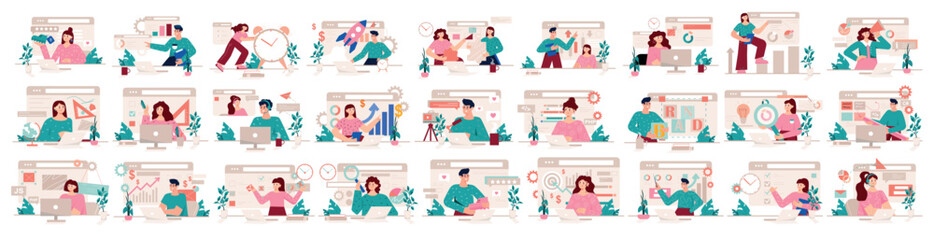 Mega set of pink concepts with people scene in flat cartoon design. A huge collection of vivid illustrations depicting men and women in various situations. Vector illustration.