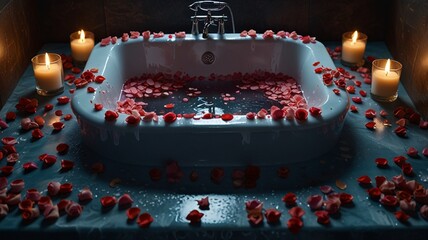 Romantic bath with rose petals and candles on dark blue background