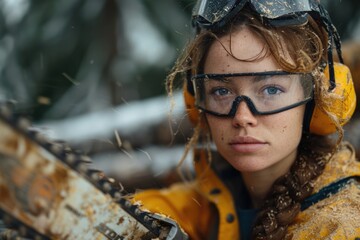 Focused Female Forestry Worker Operates Chainsaw with Precision in Sunlit Forest Landscape