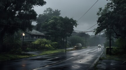 A wet road through a lush forest in a rainy day.