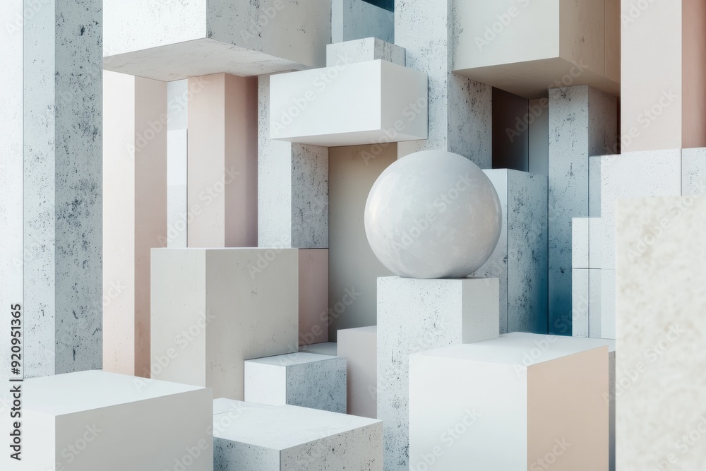 Poster geometric shapes and cubes are layered to form an engaging arrangement in a modern space, combining 