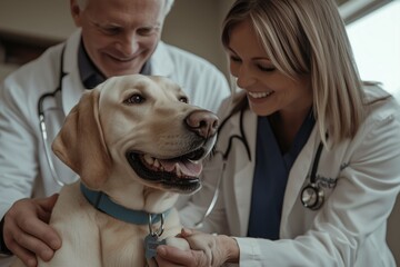 Compassionate veterinarians wearing warm smiles engage joyfully with a happy dog in a wellequipped clinic that is devoted to providing the finest care and attention to each and every pet