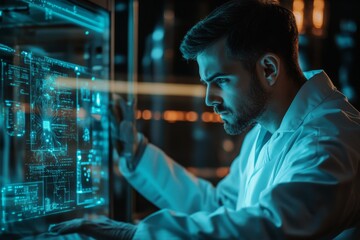 A scientist in a lab coat intently examines a holographic display, analyzing intricate data in a high-tech, sterile environment