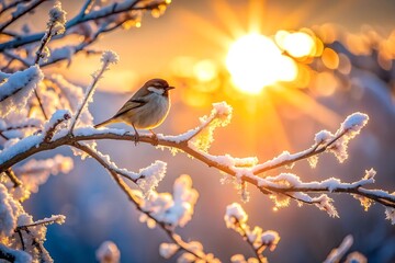Obraz premium A small bird atop an iced tree branch, sun glowing behind