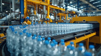 Bottle. Industrial production of plastic pet bottles. Factory line for manufacturing polyethylene bottles. Transparent food packaging. 
Plastic production and processing concept
