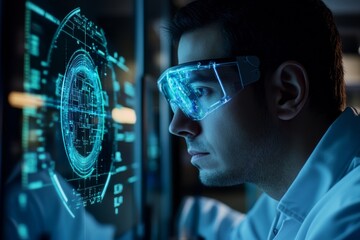 A scientist in a sterile lab carefully studies a holographic interface, immersed in his research and analysis of complex data visuals