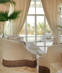 Beautiful blurred interior of living room in pastel colors.